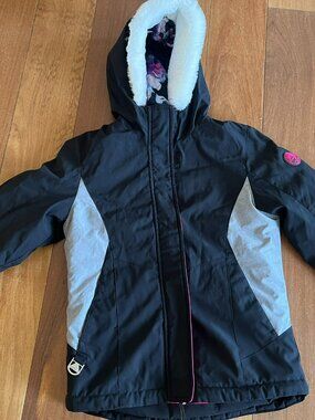 Gerry Girls Winter Coat Black Pink Hooded Faux Fur Ski Jacket Small 7/8 *EUC*